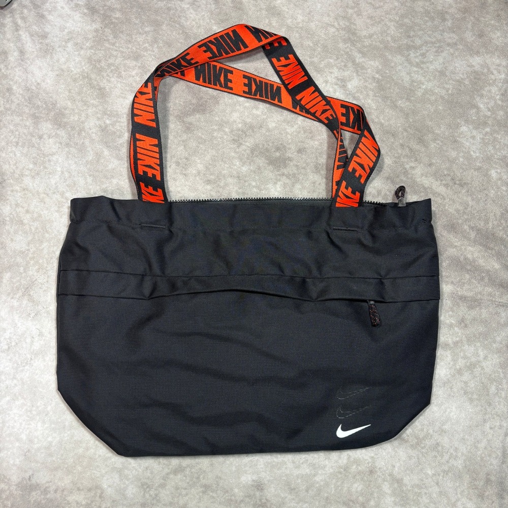 Nike Tote Bag Unisex Large Black Orange Logo Straps Zip Sport Gym Travel Bag